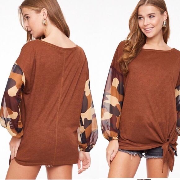 Contrast Pecan Brown Camo Print Front Tie Top - Picture 3 of 8